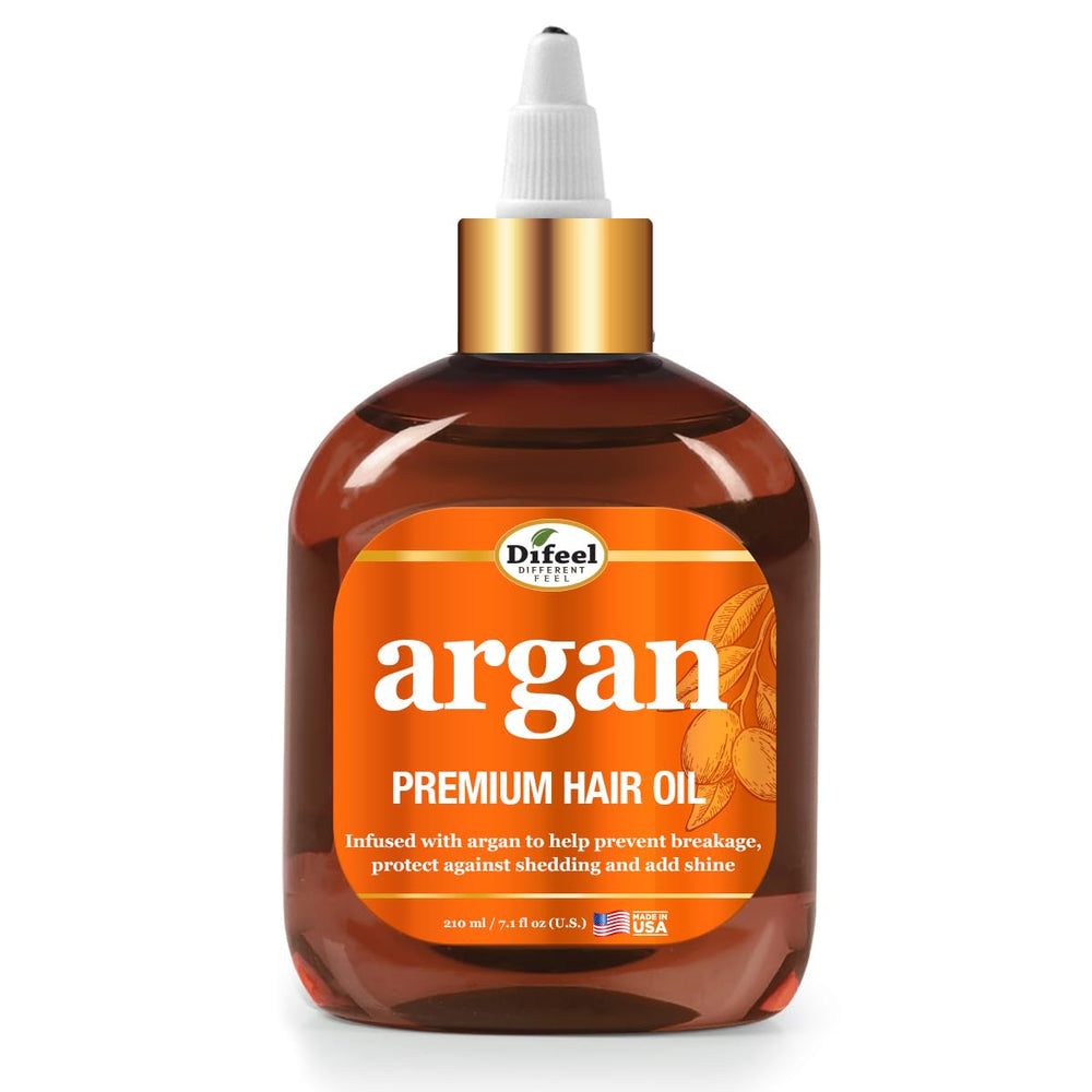 Difeel Premium Argan Hair Oil bottle shown for deep hydration on dry hair
