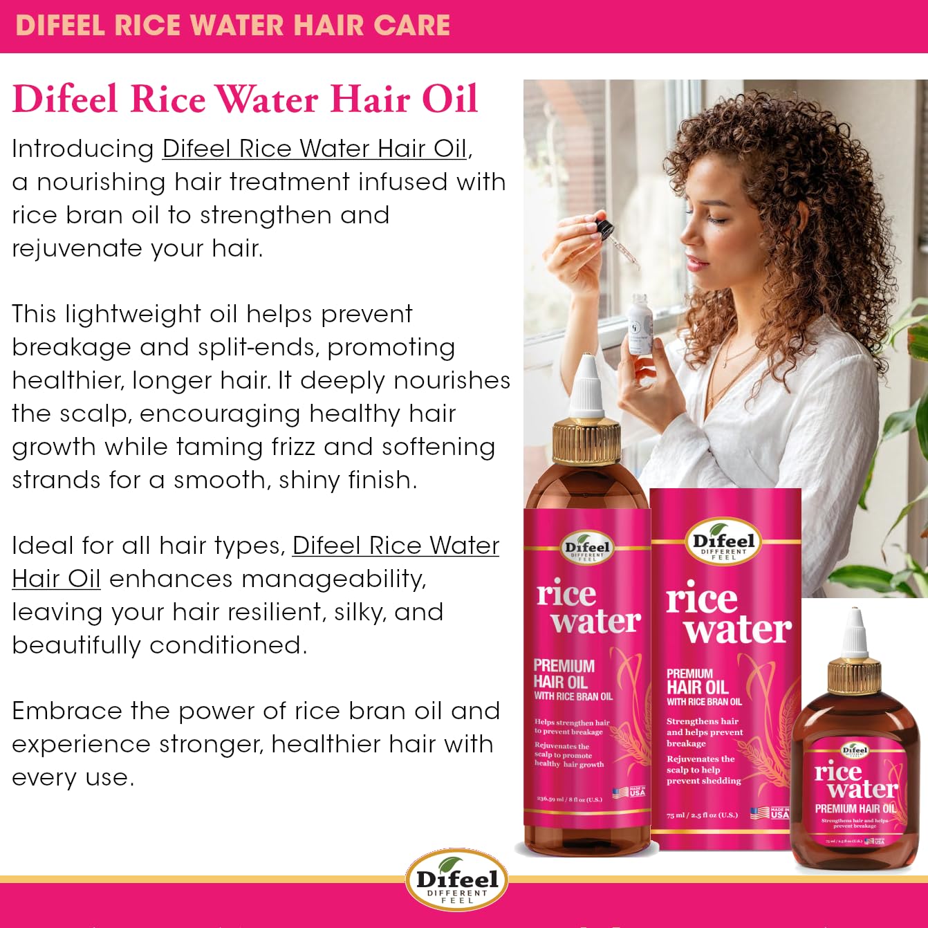 Difeel Rice Water Hair Oil on hair strands delivering shine and softness.