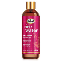 Difeel Rice Water Shampoo bottle highlighting sulfate-free formula for stronger hair