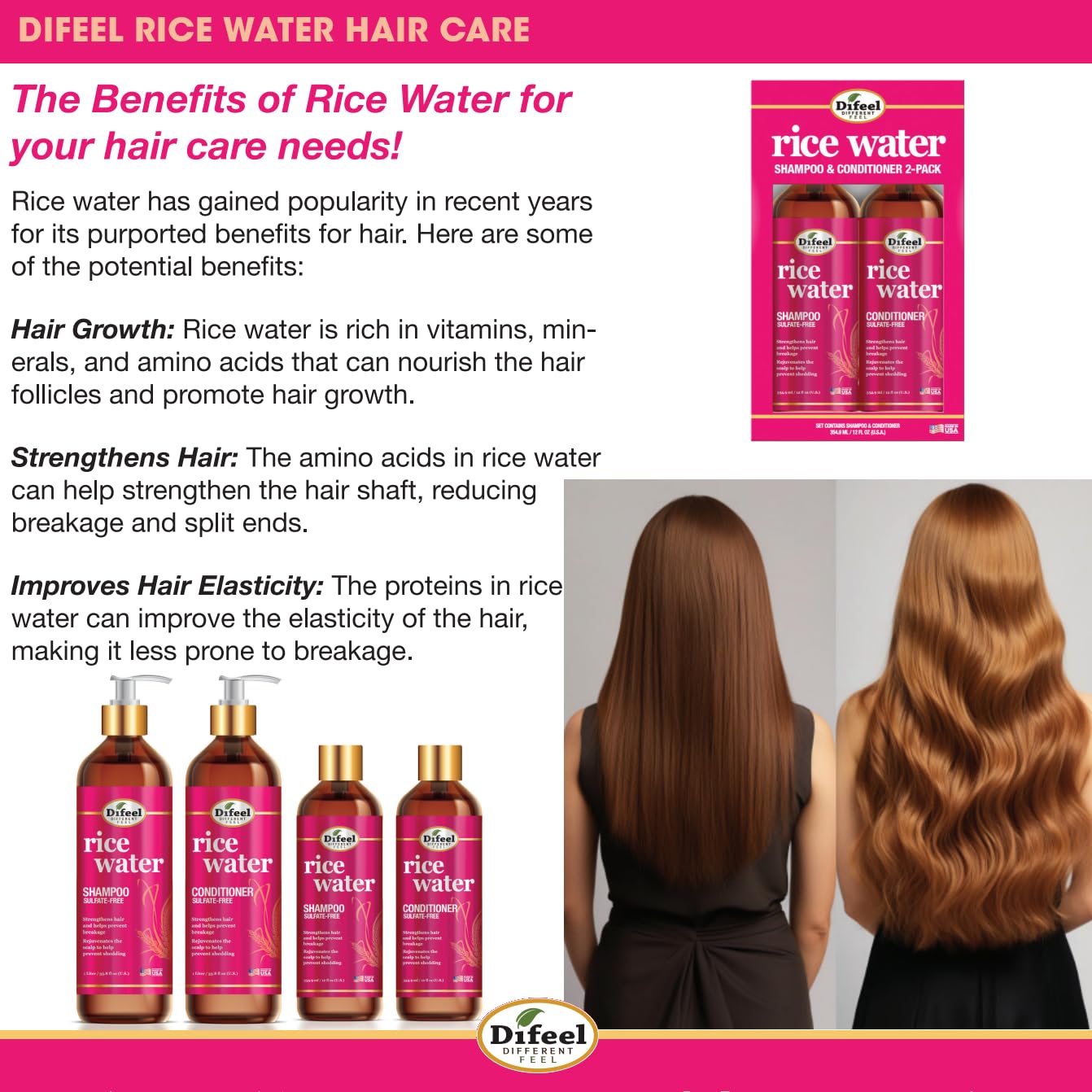 All hair textures shown with Difeel Rice Water Shampoo visual