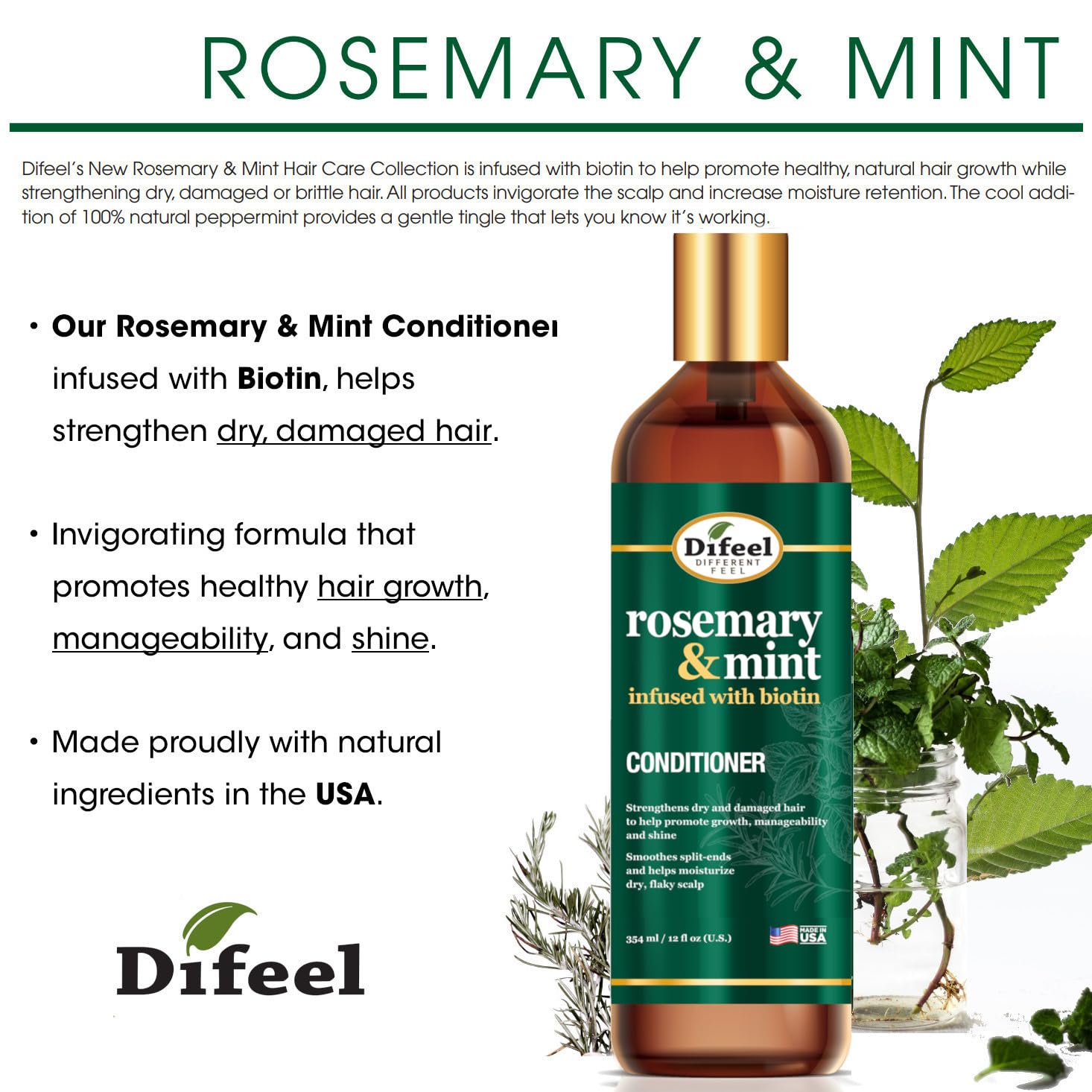 Difeel Elevated Rosemary Mint Conditioner label close-up highlights natural ingredients and biotin.