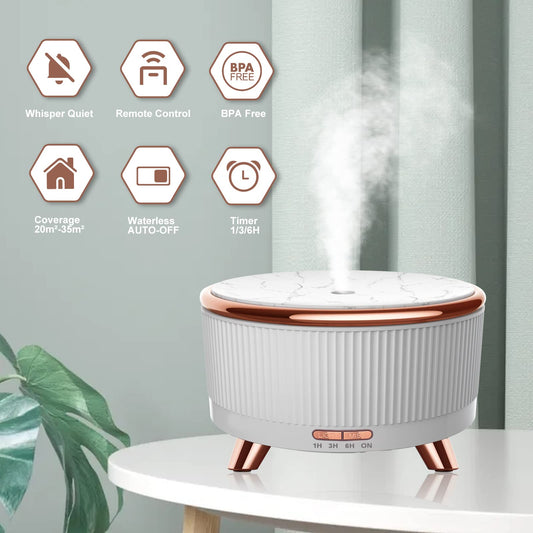 Aromatherapy diffuser in a living room showing color-changing lights