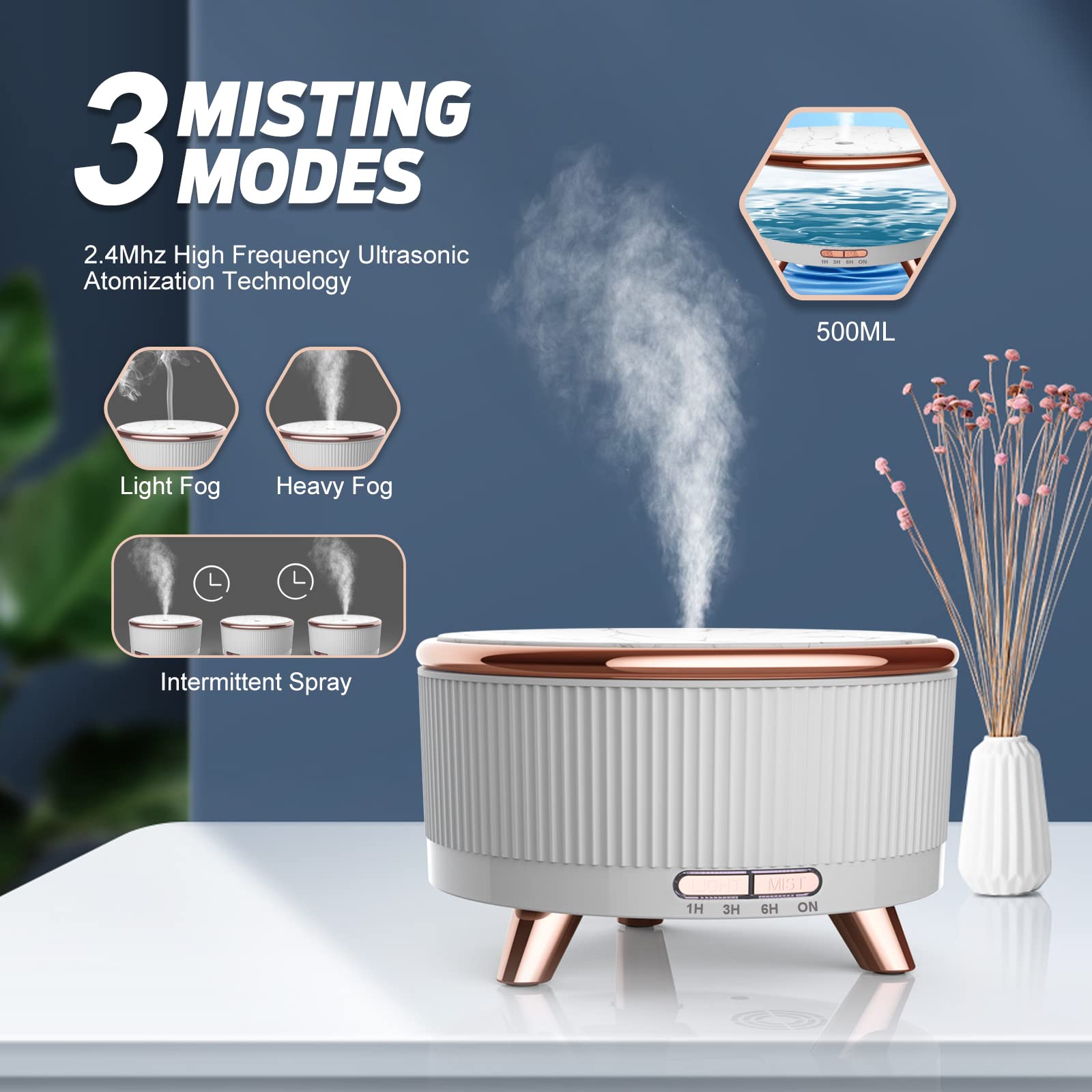 Large-room diffuser emitting mist in a bedroom