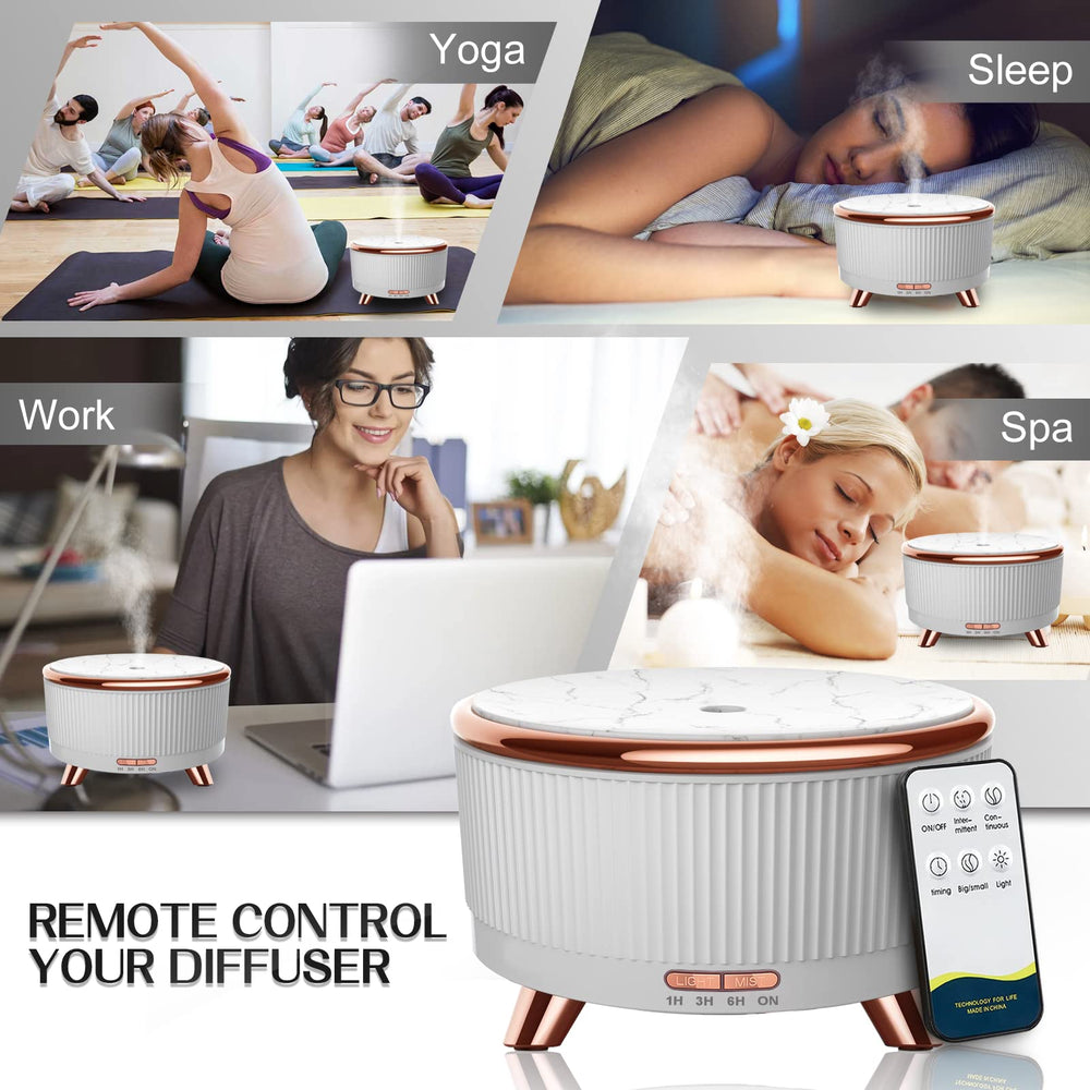 Diffuser with remote control on a desk in an office setting
