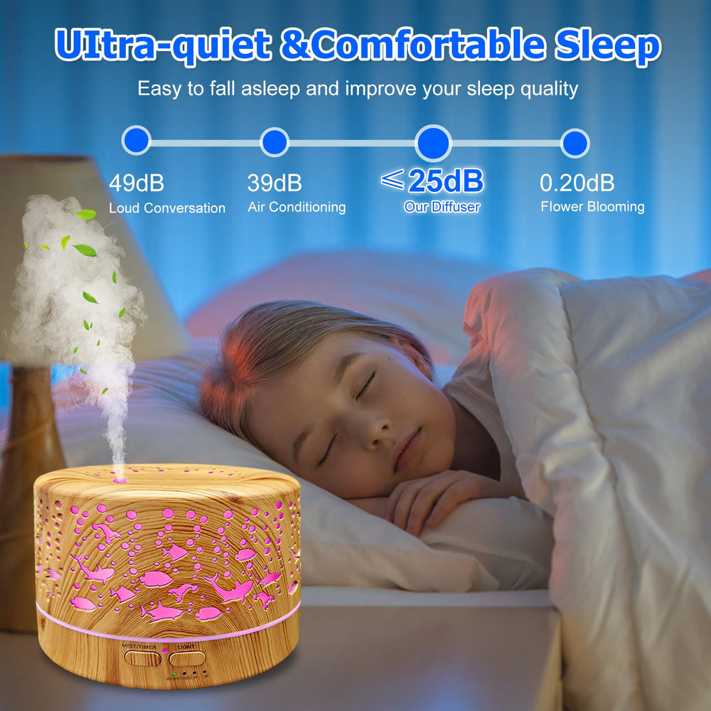 Diffuser displaying 7 color LED lights in wood grain