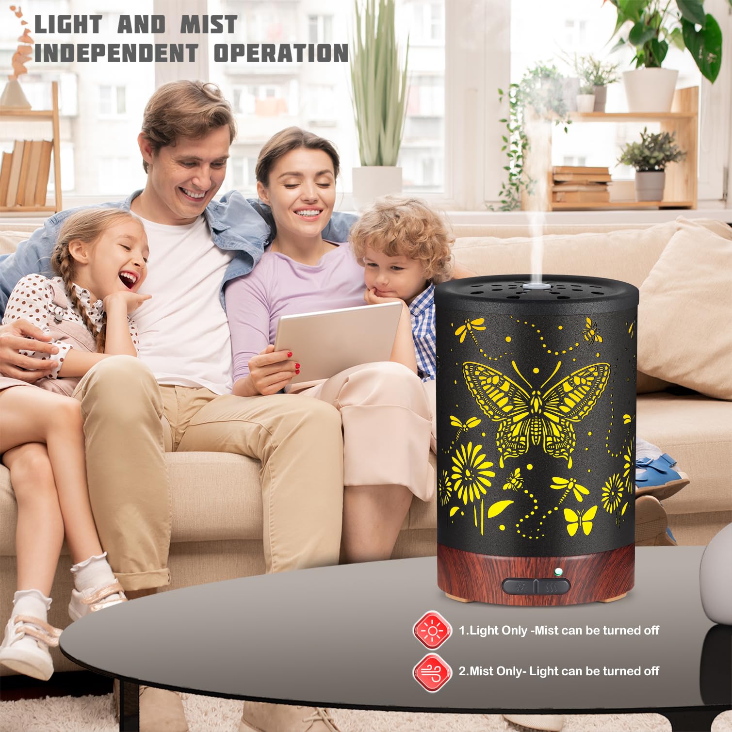 Diffuser displayed in bedroom and living room setups