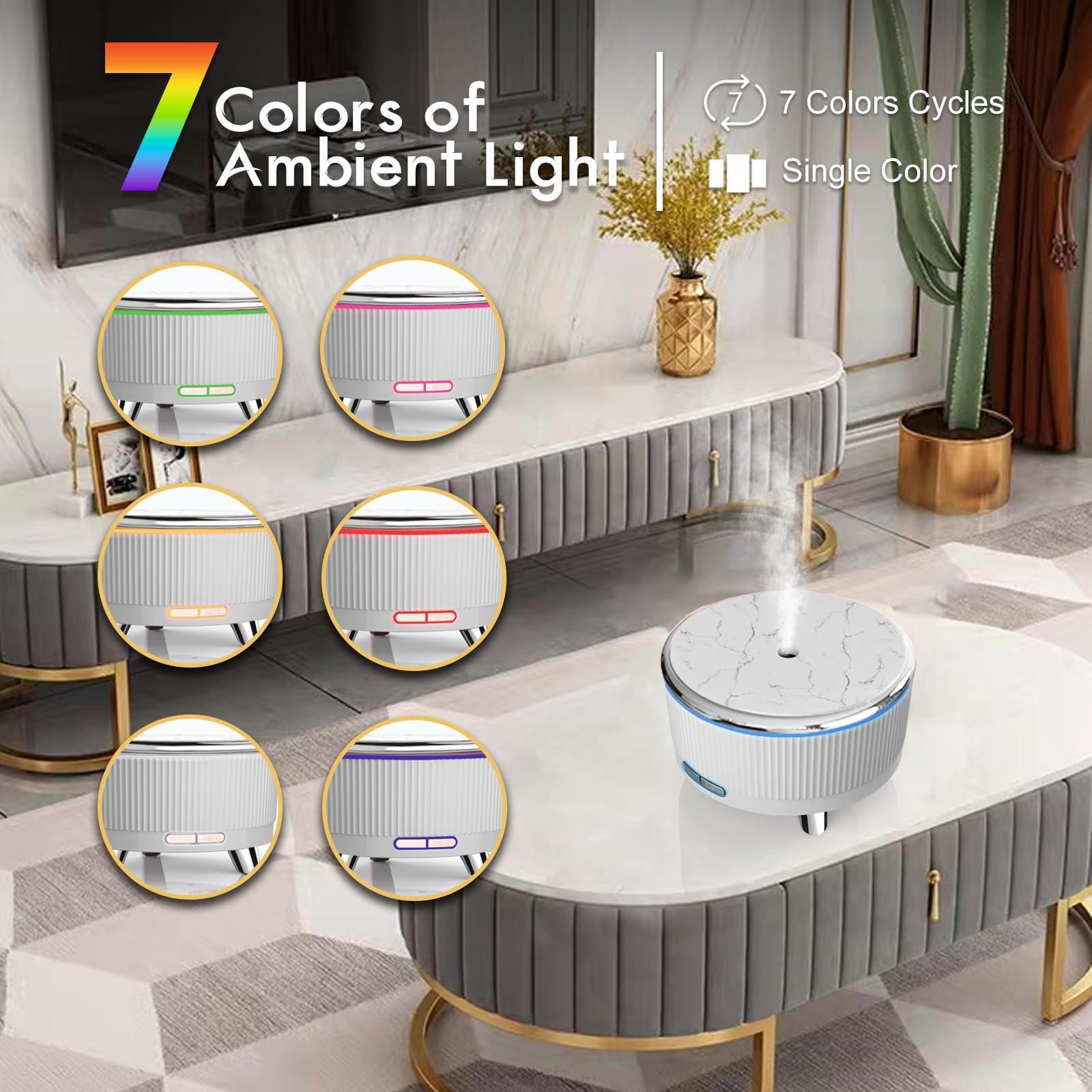 Front view of essential oil diffuser highlighting color LED lights