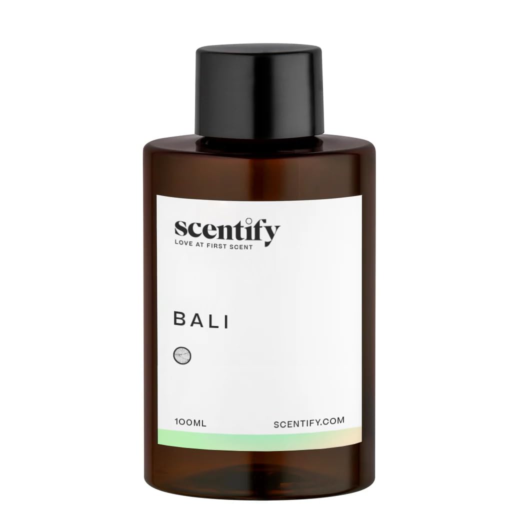 Scentify Bali diffuser oil with amber, musk and woody accords for a calming space.
