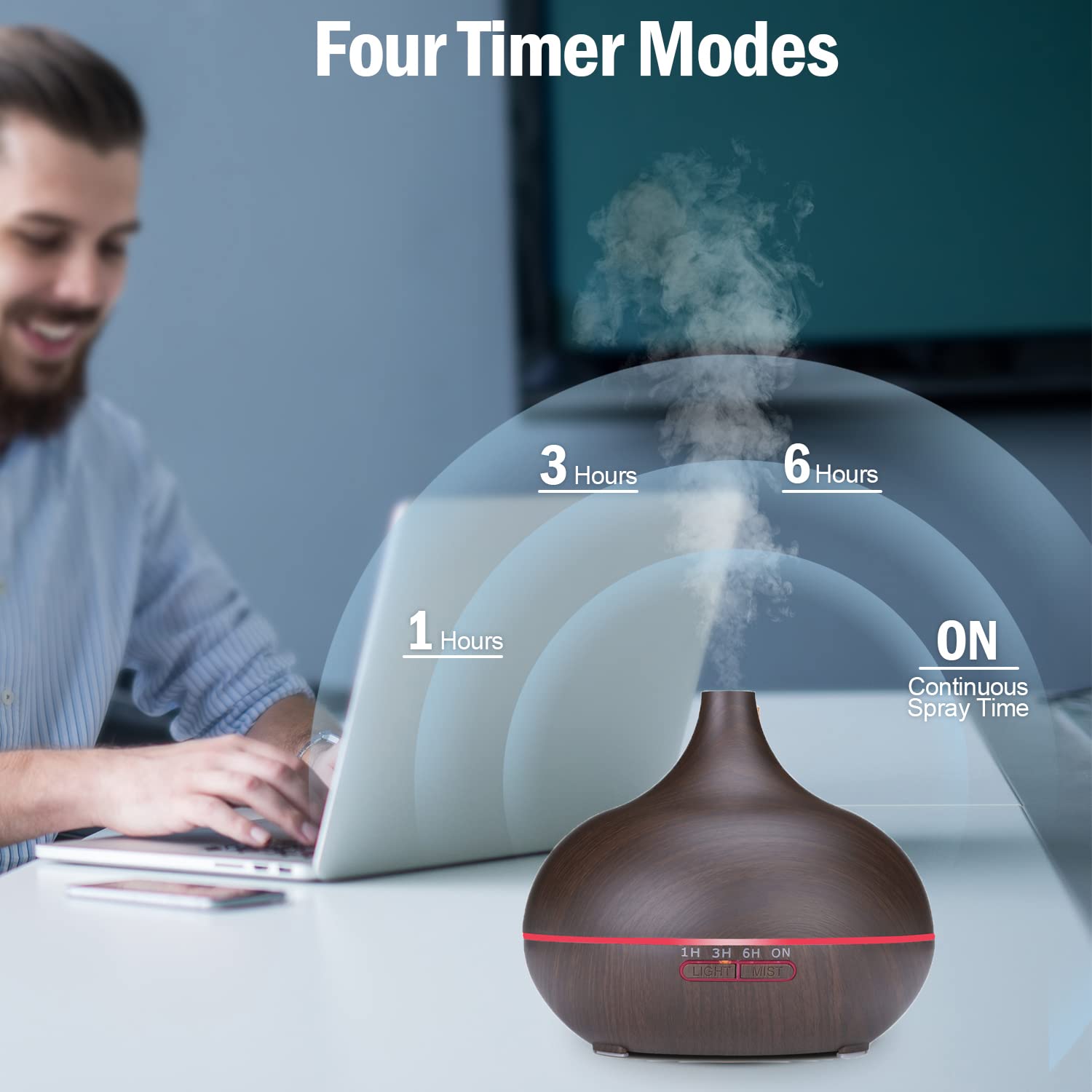 Diffuser timer settings 1h, 3h, 6h or continuous