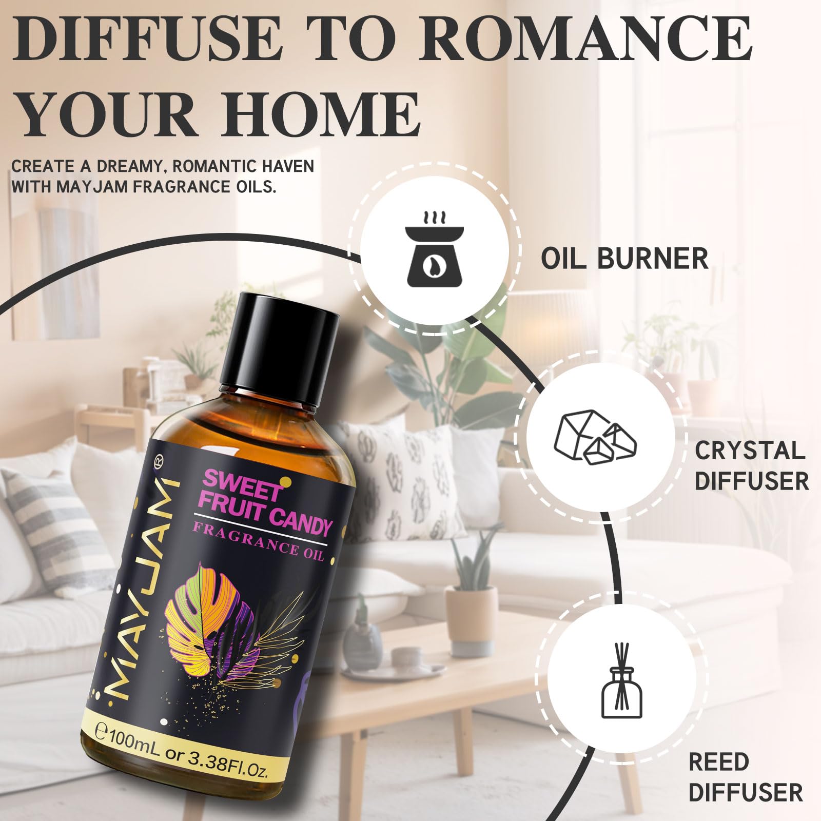 Diffuser releasing Sweet Fruit Candy scent in a living room