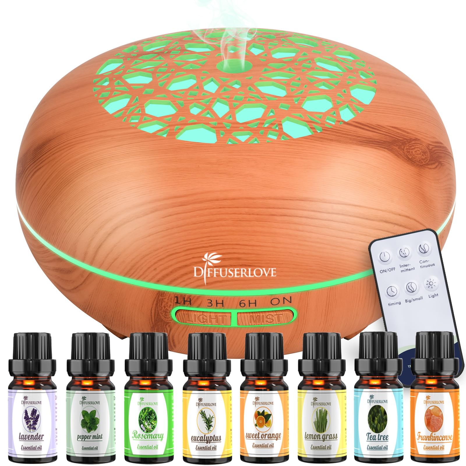 Diffuserlove 550ml essential oil diffuser with woodgrain finish and remote control