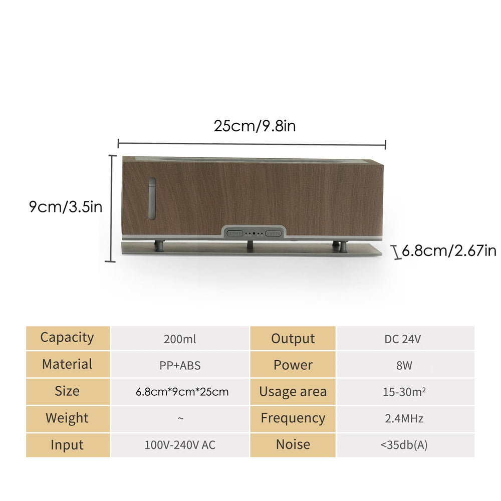 Aromatherapy diffuser 200ml in dark brown showing dimensions
