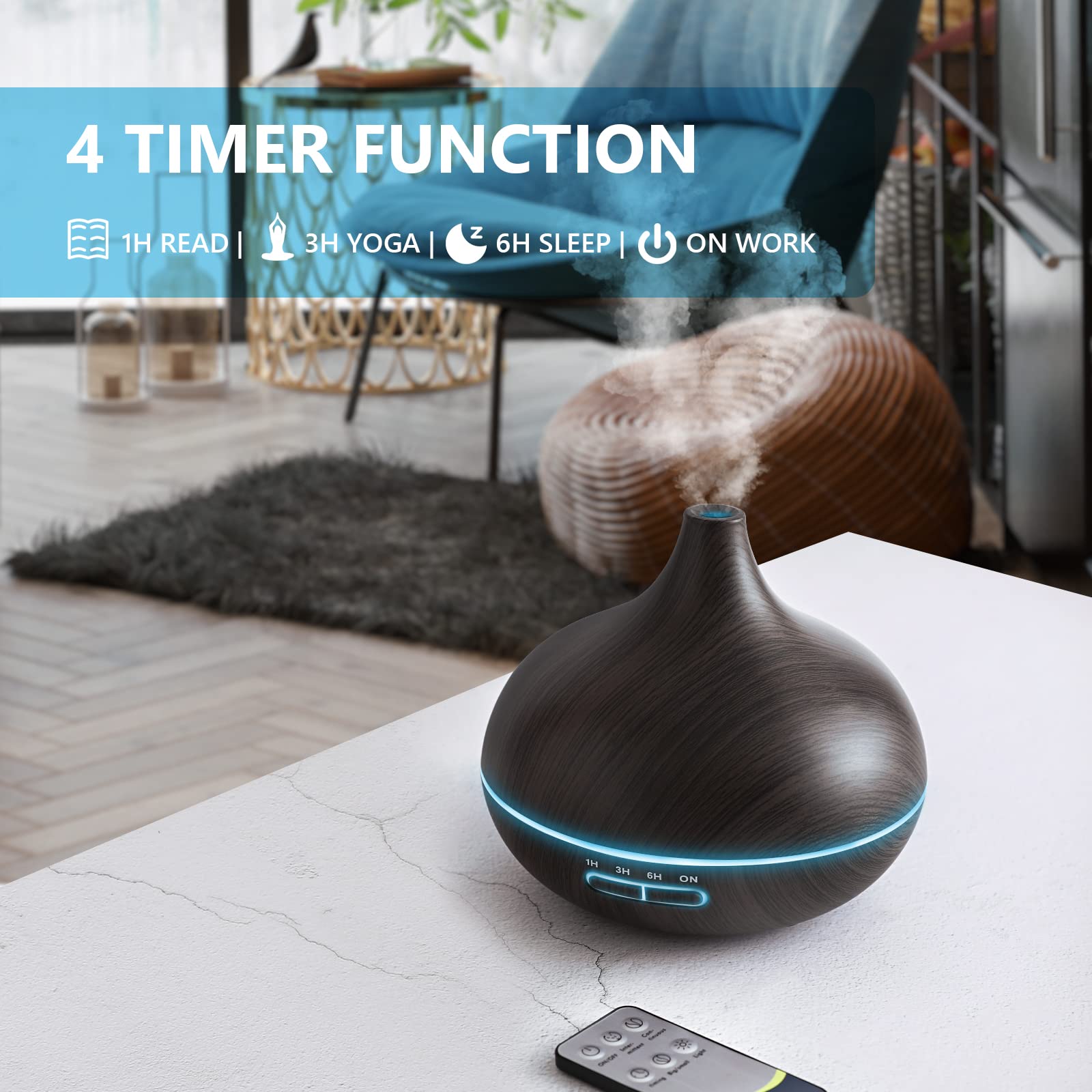 Seven ambient light colors on diffuser with auto-cycle