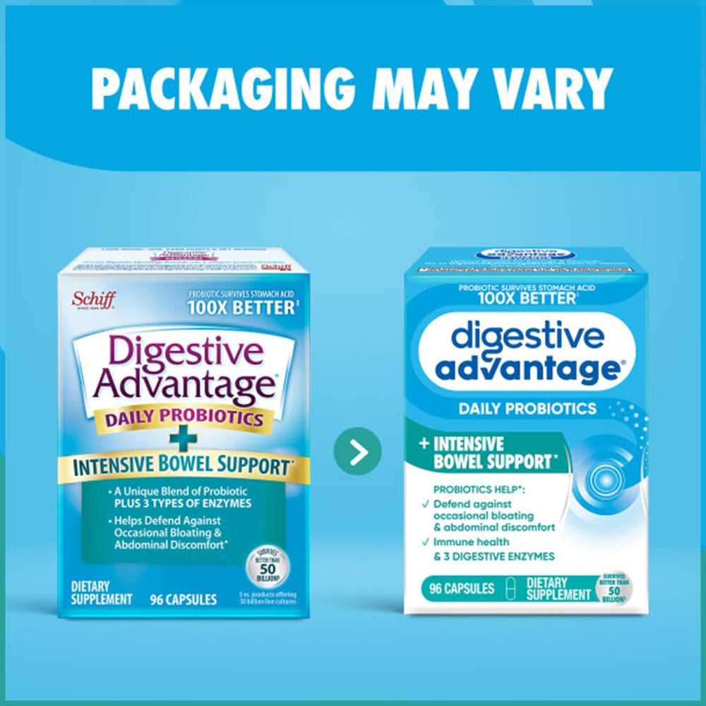 Digestive Advantage Probiotic with Enzymes emphasizes bowel comfort.