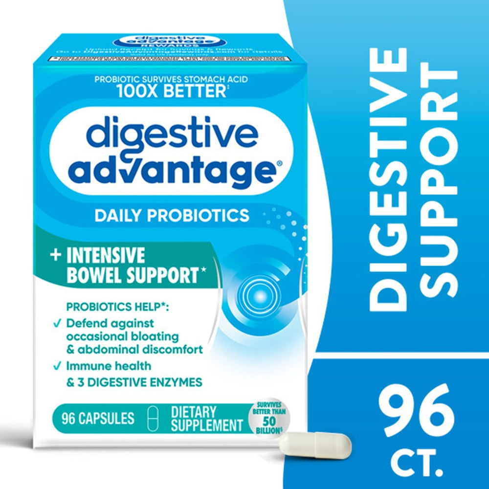 Digestive Advantage Daily Probiotics with Enzymes capsules shown for routine use.