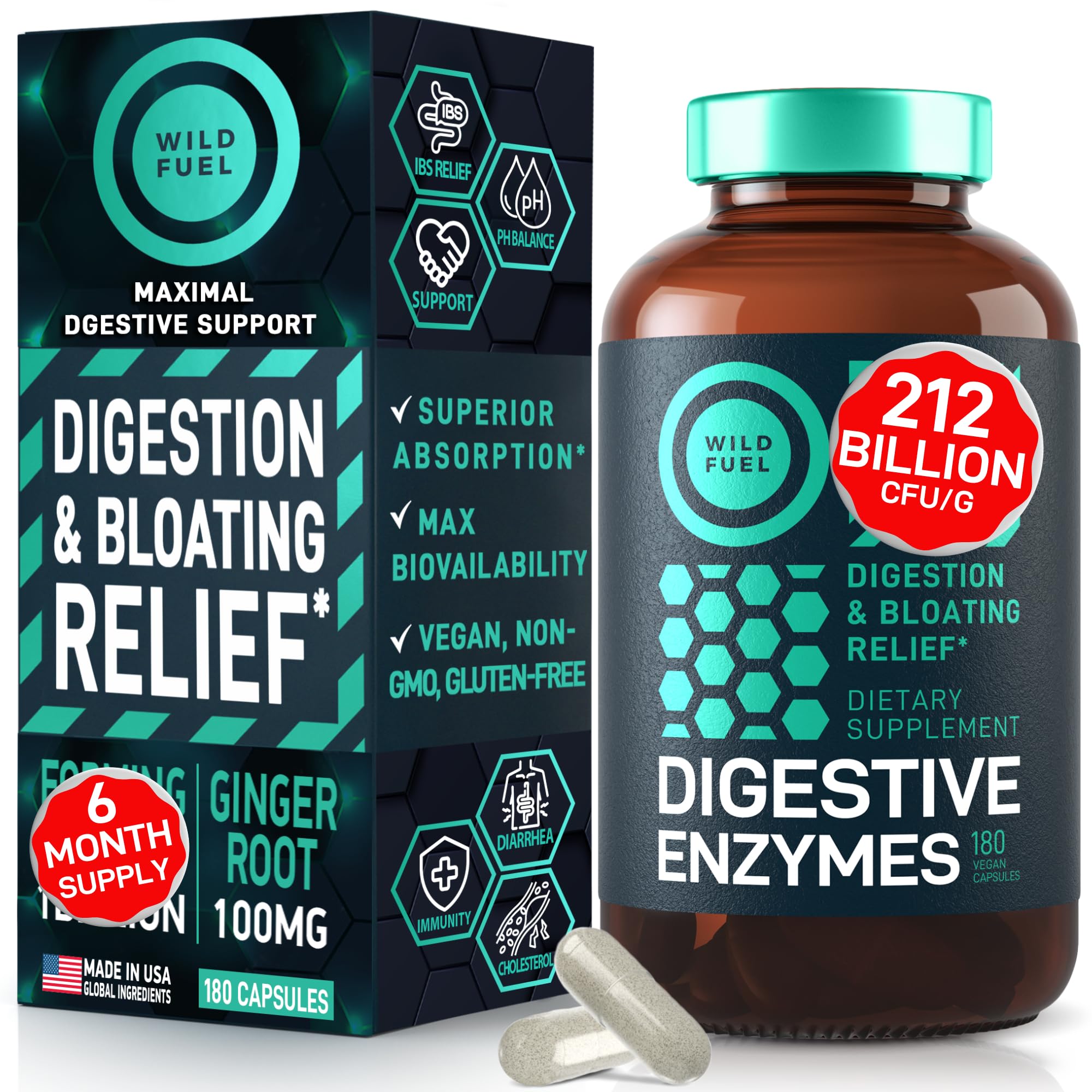 Front view of the vegan digestive enzymes bottle with 180 capsules