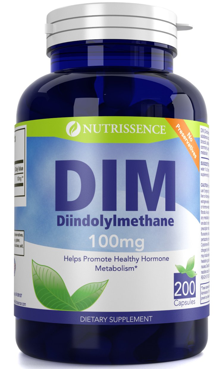 DIM supplement bottle with 100mg capsules