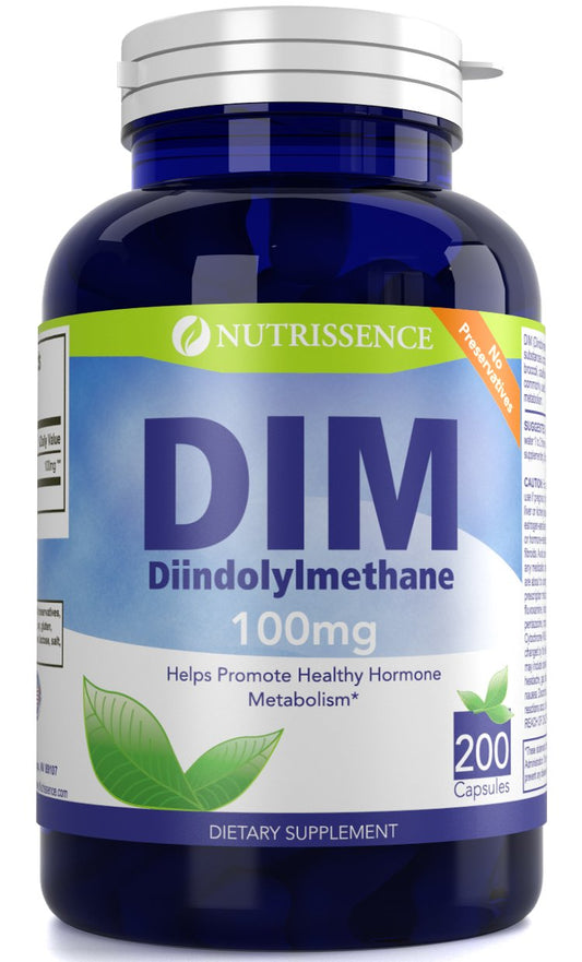 DIM supplement bottle with 100mg capsules