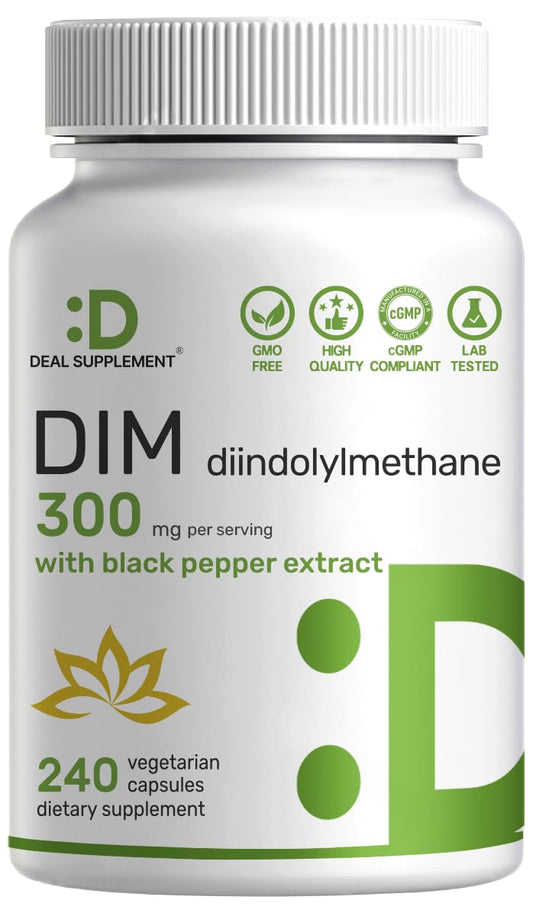 Front view of the DIM supplement bottle containing 240 capsules