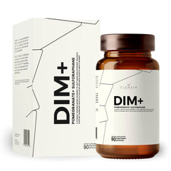DIM supplement bottle with pomegranate and broccoli-derived sulforaphane ingredients