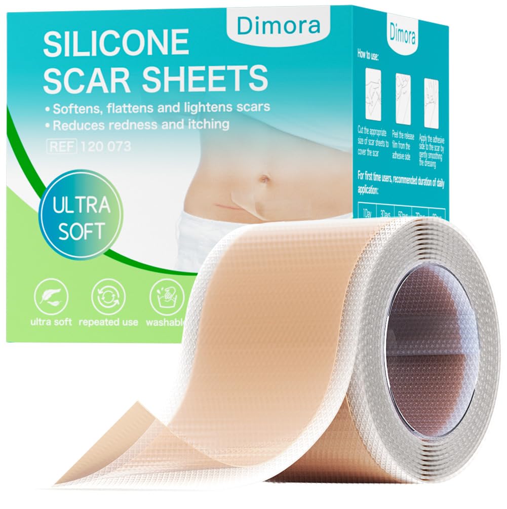 Dimora silicone scar sheets roll packaging shows 1.6x60 inch size for scar care.