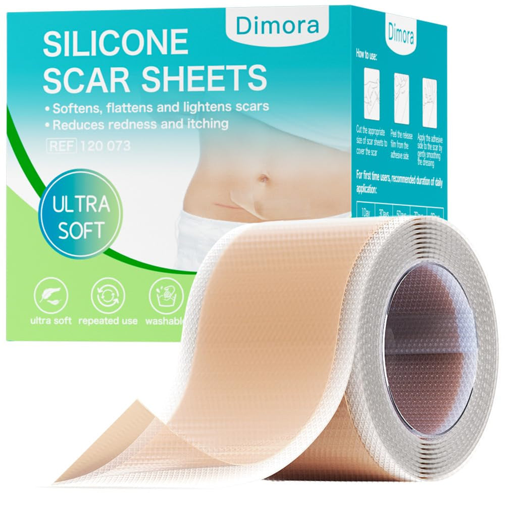 Dimora silicone scar sheets roll packaging shows 1.6x60 inch size for scar care.