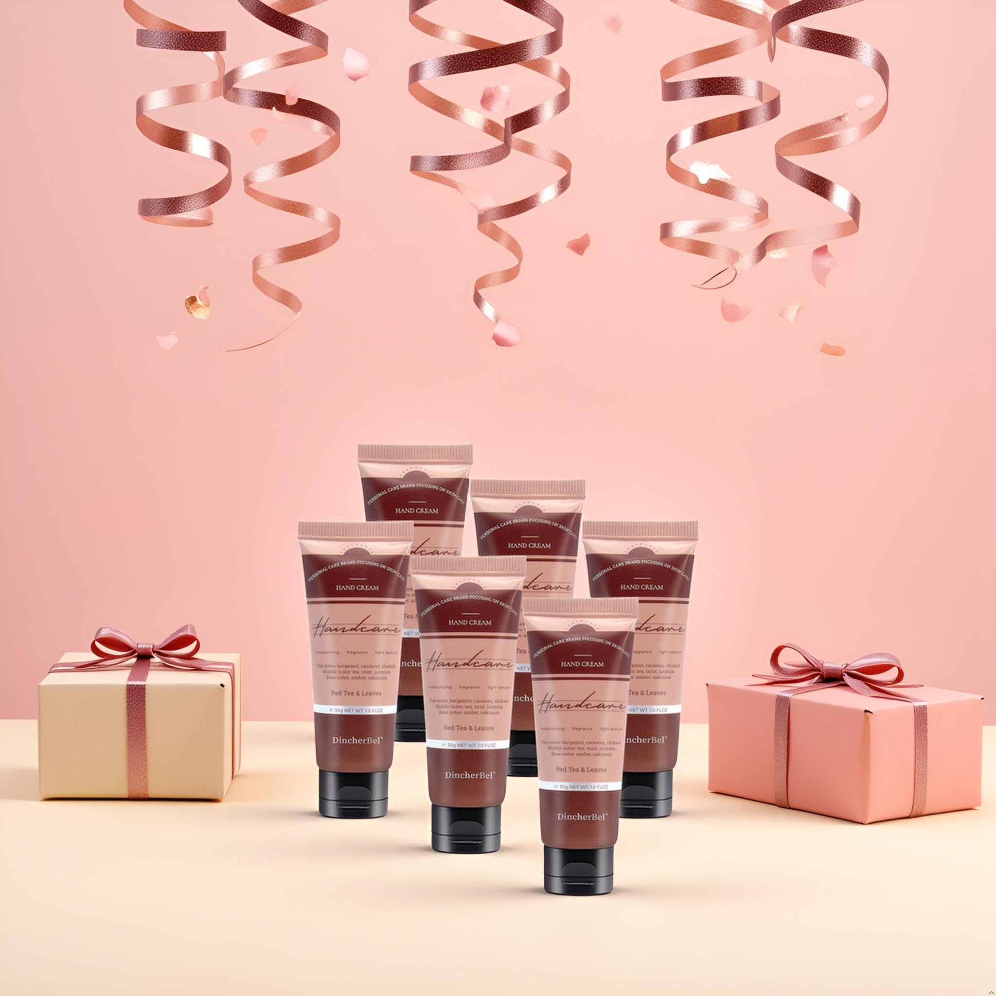 DincherBel six-pack travel size hand cream set emphasizes convenient, travel-ready care.