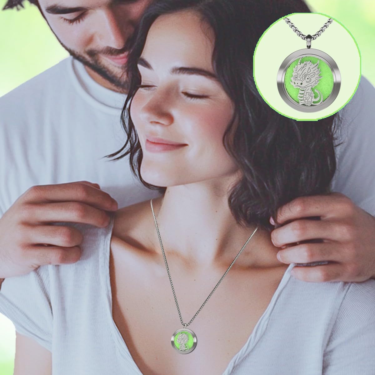 Back view showing engraved text on dinosaur diffuser necklace