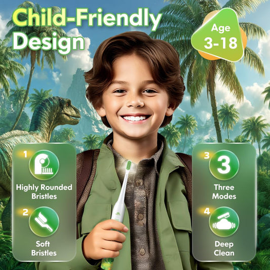 Dinosaur-themed kids toothbrush white side view