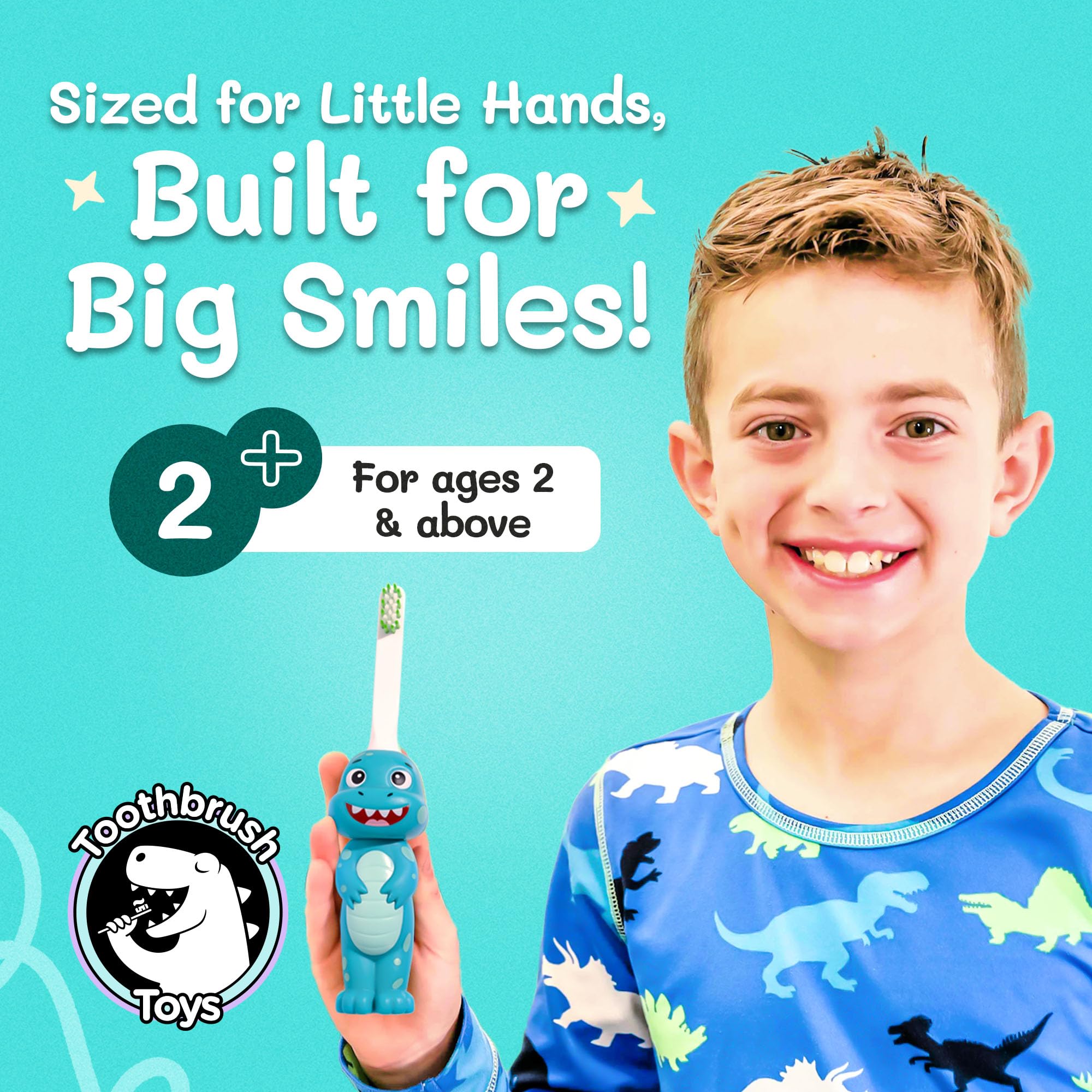Close-up of ergonomic handle on dinosaur-themed kids toothbrush