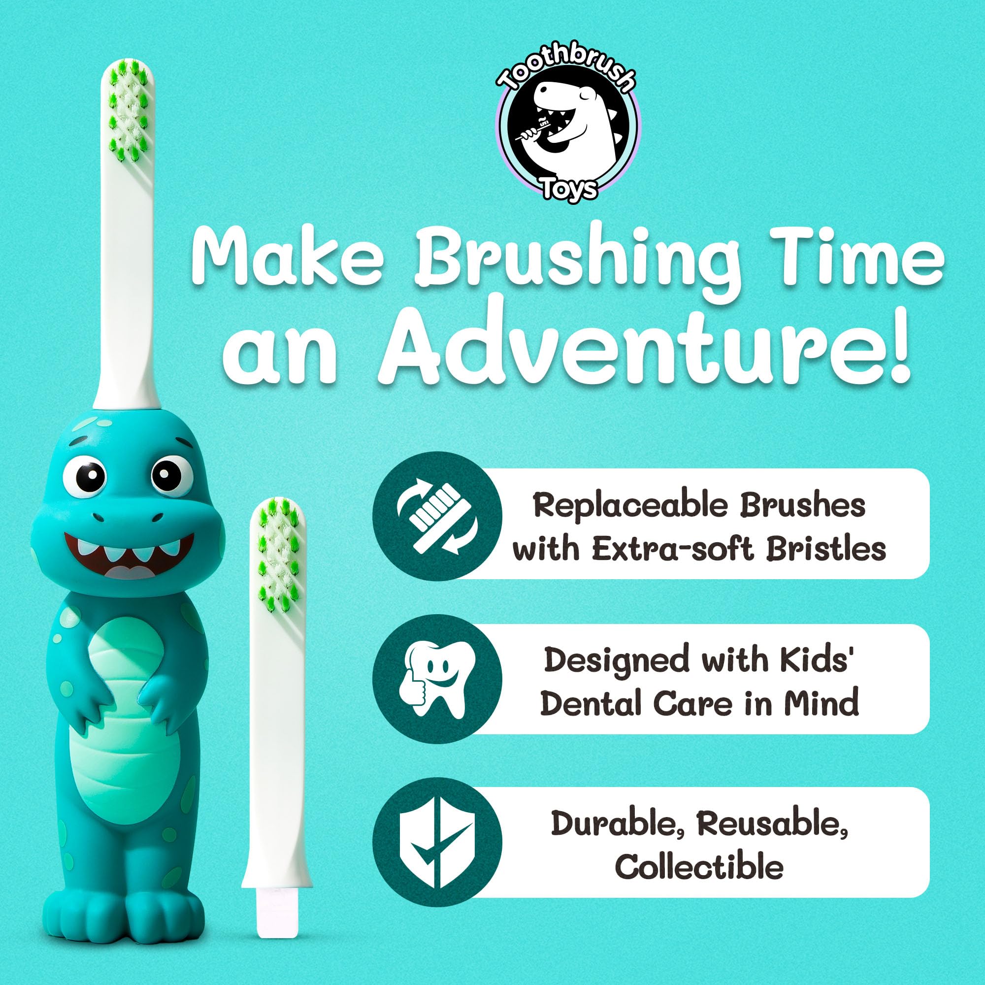 Replaceable brush head on dinosaur toothbrush for kids