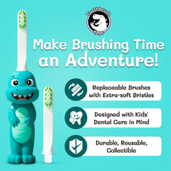 Replaceable brush head on dinosaur toothbrush for kids