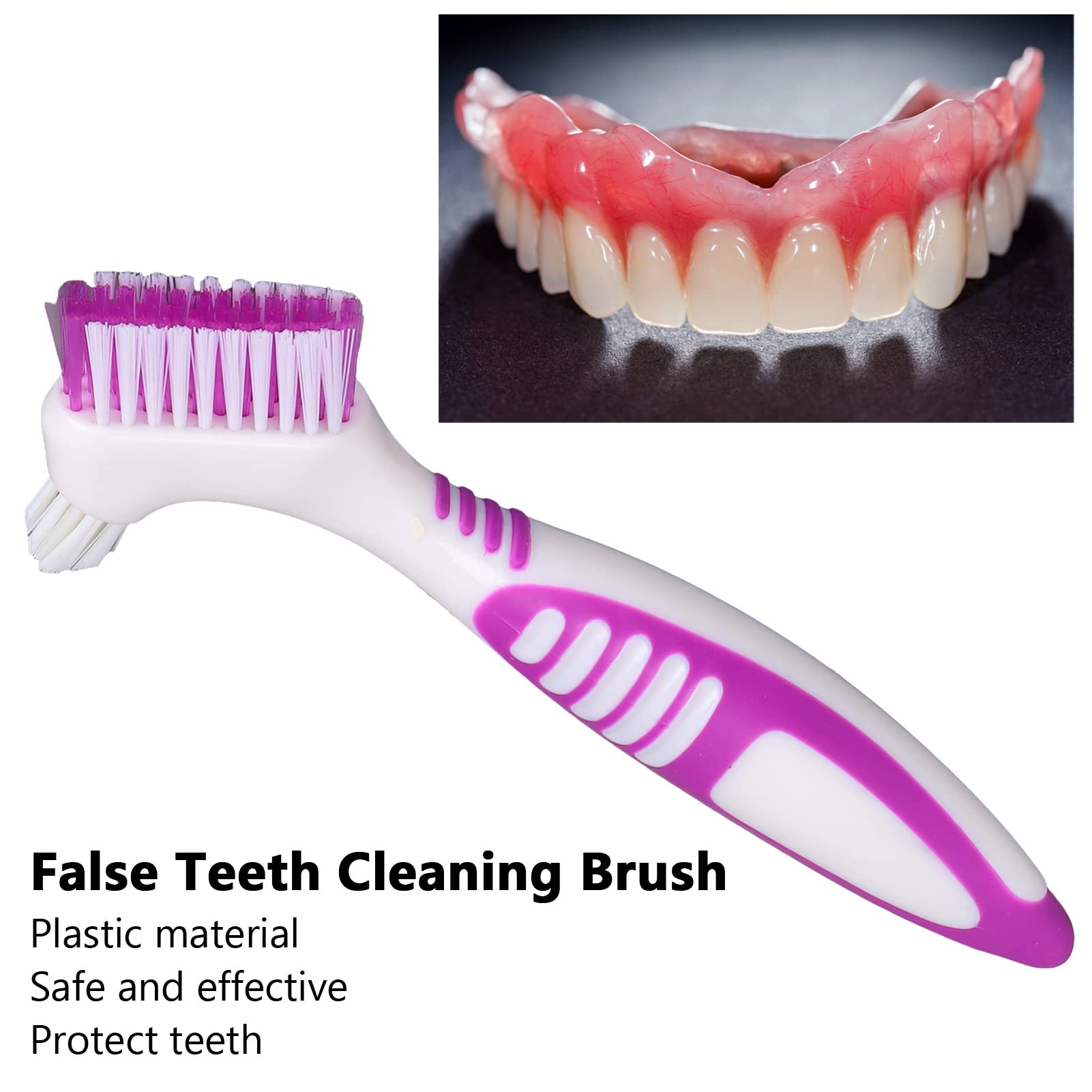Complete dentures being cleaned with a denture brush