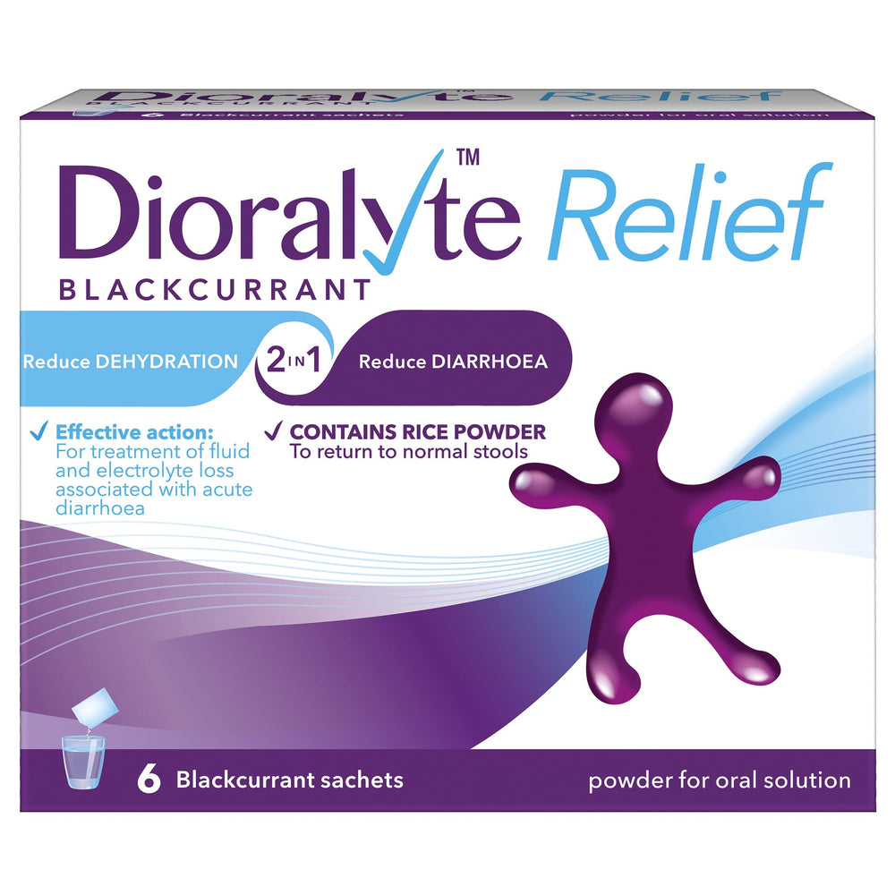 Dioralyte Blackcurrant flavour sachets 6 pack packaging