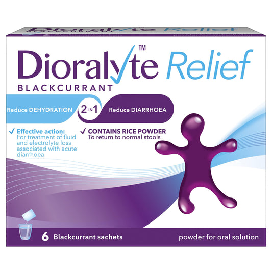 Dioralyte Blackcurrant flavour sachets 6 pack packaging