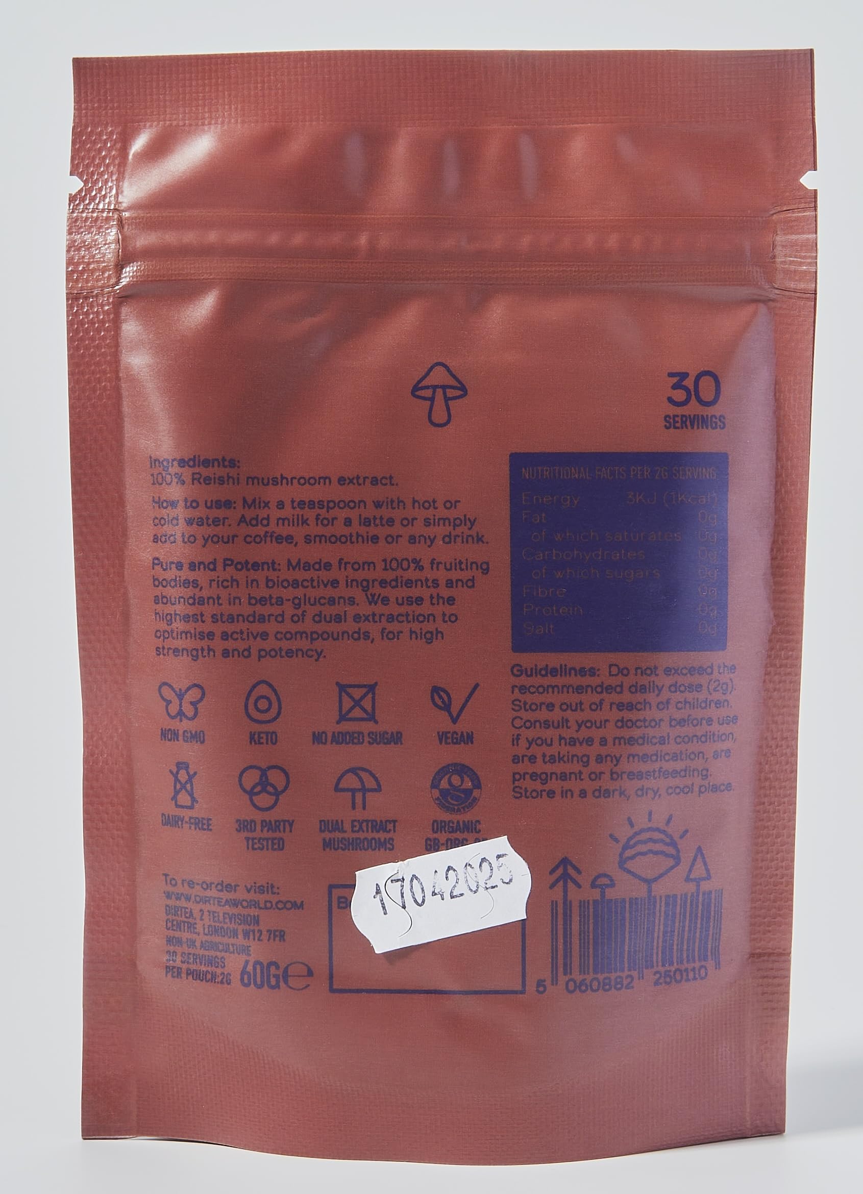 Organic and vegan certifications for DIRTEA Reishi Mushroom Powder