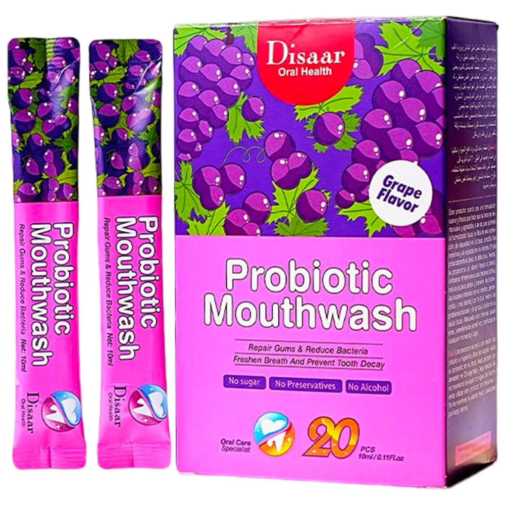 Front view of DISAAR Beauty Probiotic Mouthwash bottle with grape flavor
