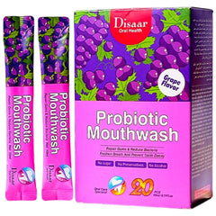 Front view of DISAAR Beauty Probiotic Mouthwash bottle with grape flavor