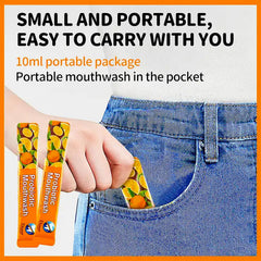 Mouthwash sachets and bottle showcasing stain removal claim
