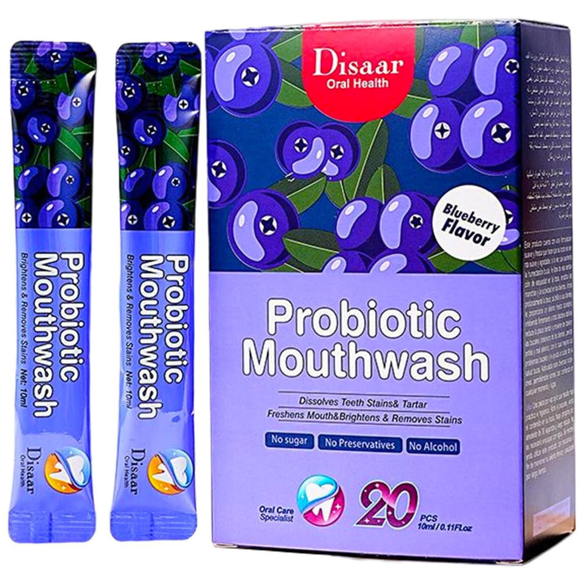 Front view of DISAAR BEAUTY Probiotic Mouthwash Blueberry package