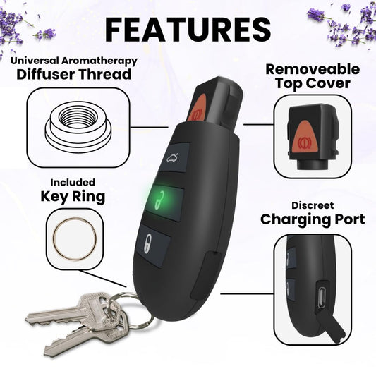 Aromatherapy diffuser attached to a keychain showing universal threading