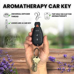 Compact diffuser sized 0.6 x 0.7 x 3 inches on a keyring