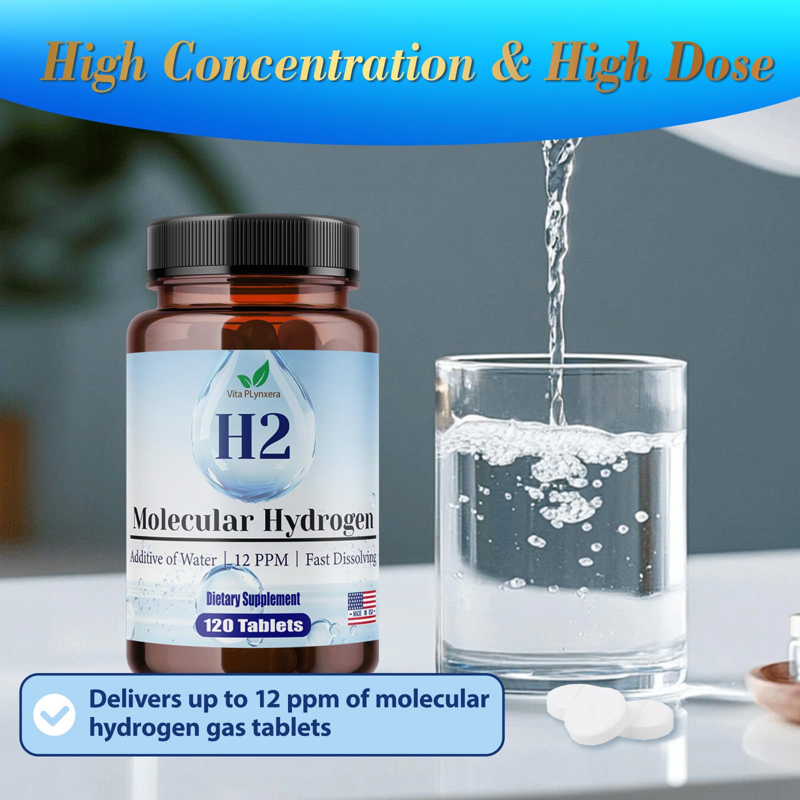 Hydrogen tablet dissolving in a clear glass of water.