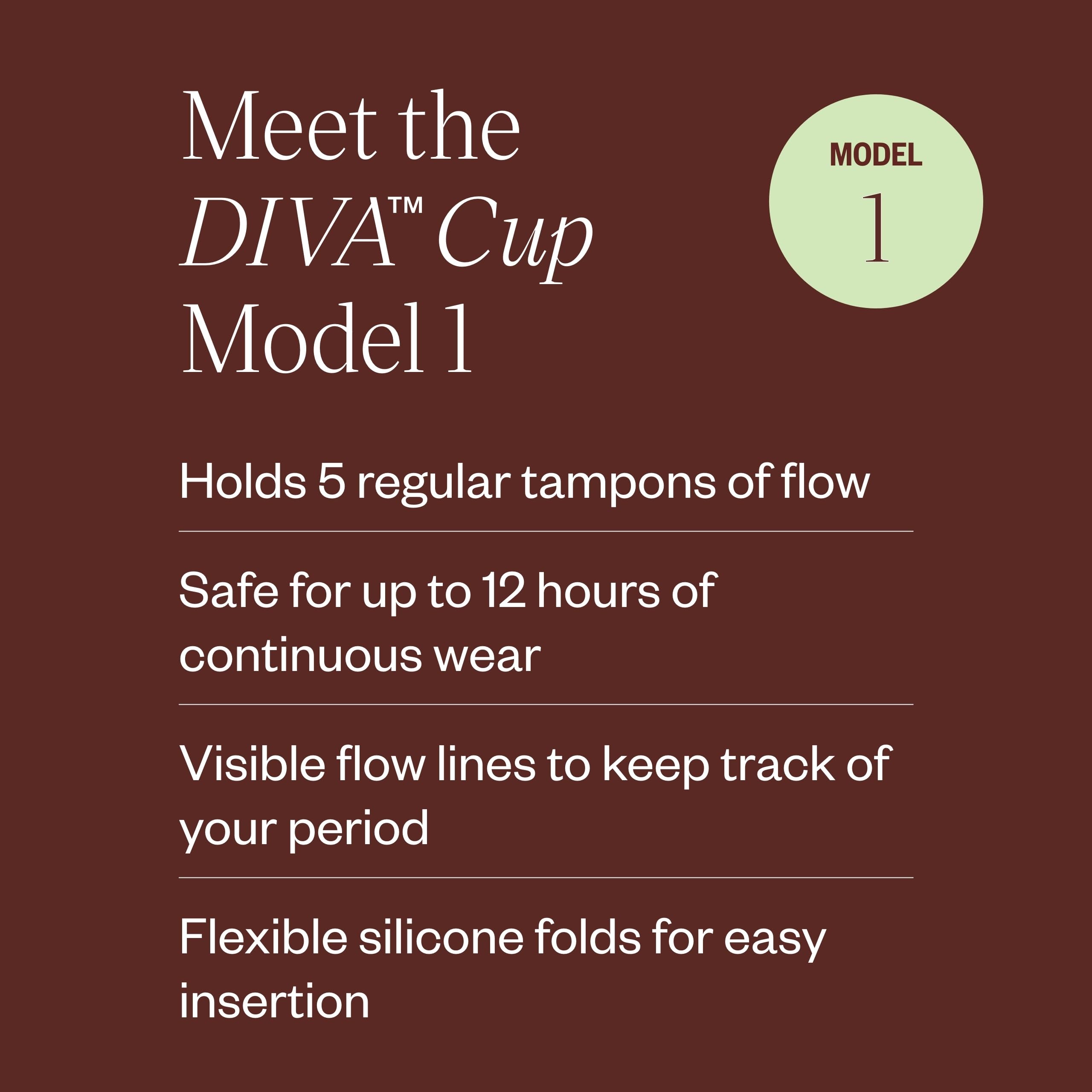 DIVA Cup Model 1 capacity visual shows the equivalent of five tampons