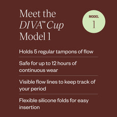 DIVA Cup Model 1 capacity visual shows the equivalent of five tampons
