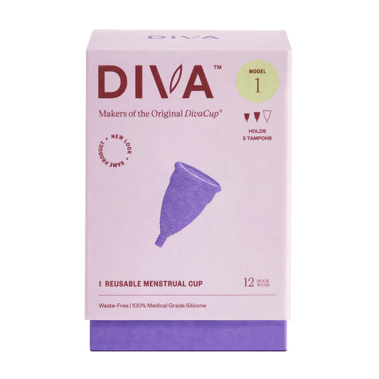 DIVA Cup Model 1 in hand shows compact reusable design for medium to heavy flows