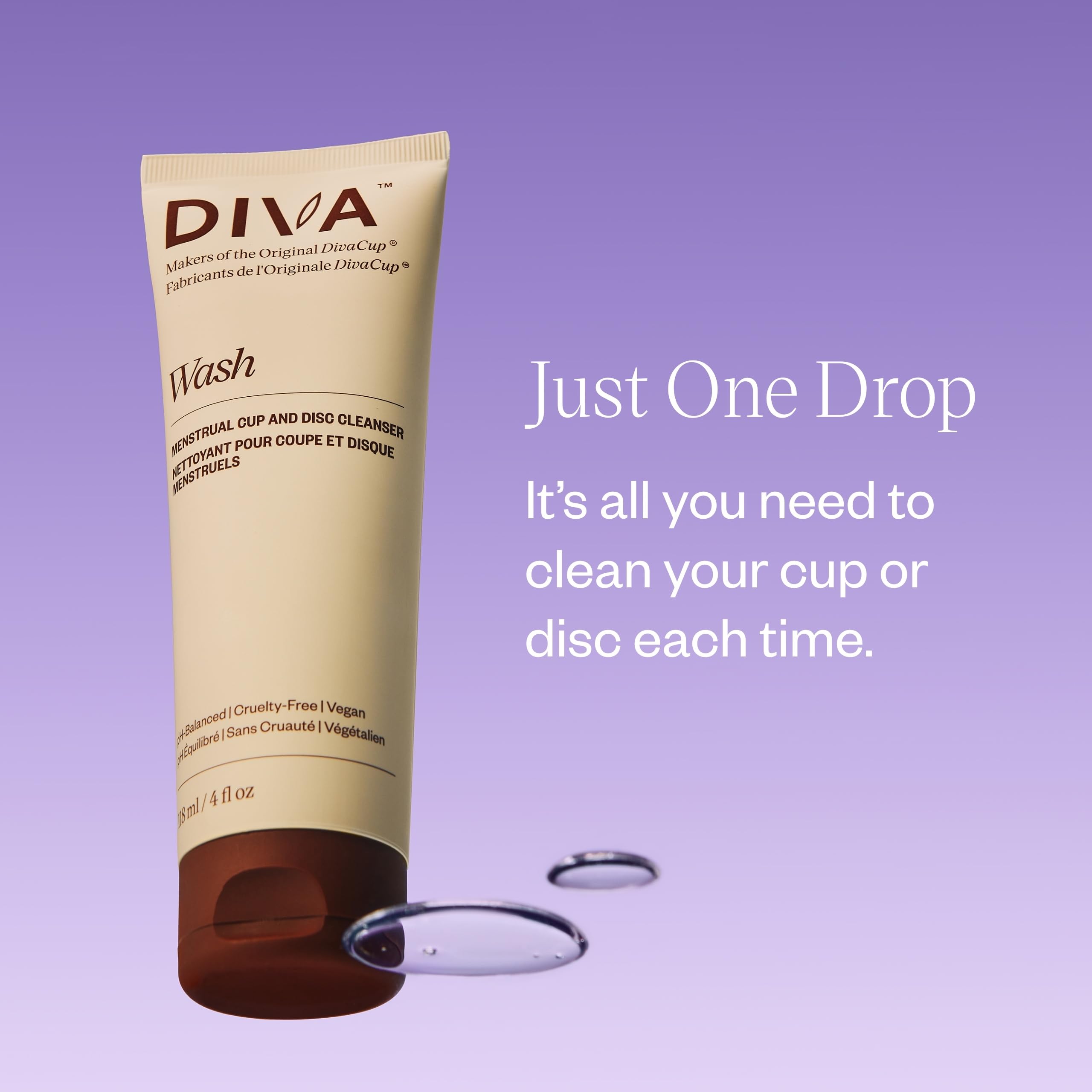 DIVA Wash lather application image emphasizes small amount cleanses a cup effectively.