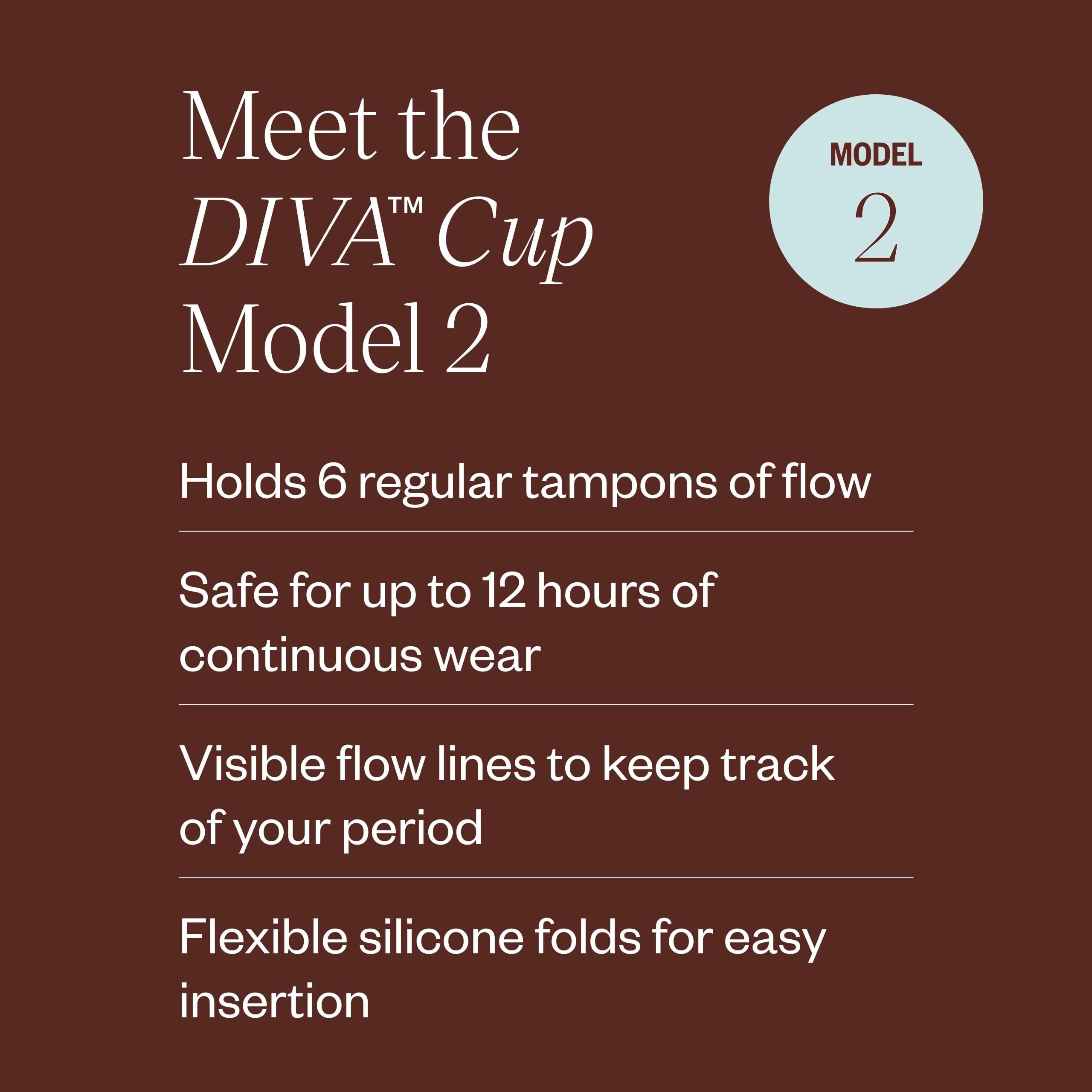 DivaCup Model 2 image emphasizes capacity equivalent to six tampons for heavy flows.
