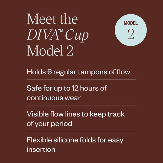 DivaCup Model 2 image emphasizes capacity equivalent to six tampons for heavy flows.