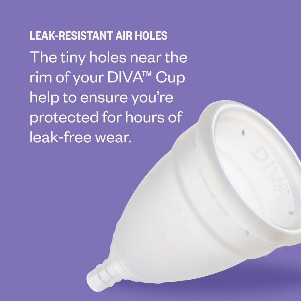 DivaCup Model 2 shows leak-resistant air holes for a secure seal during wear.
